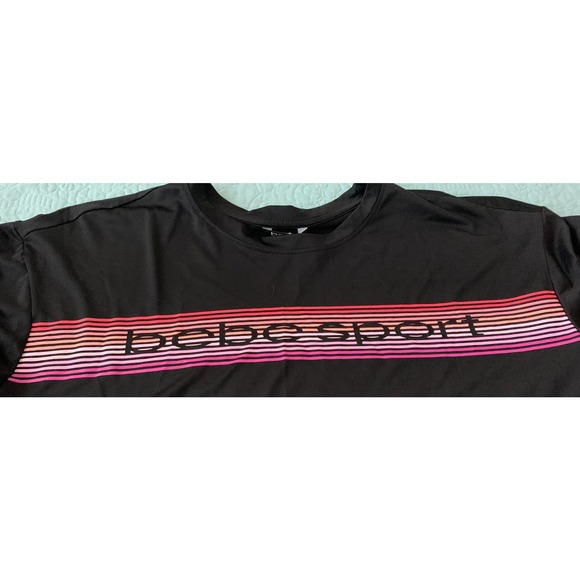 BEBE SPORT SHORT WAISTED TOP, WOMENS. XL, BLACK W/COLORFUL STRIPES ON FRONT - Picture 3 of 9